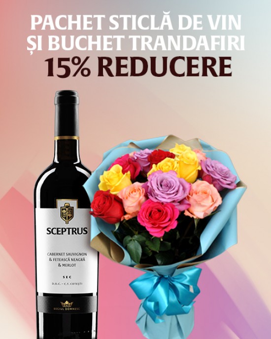 Pachet Promotional: Buchet 15 Trandafiri & Vin Sceptrus